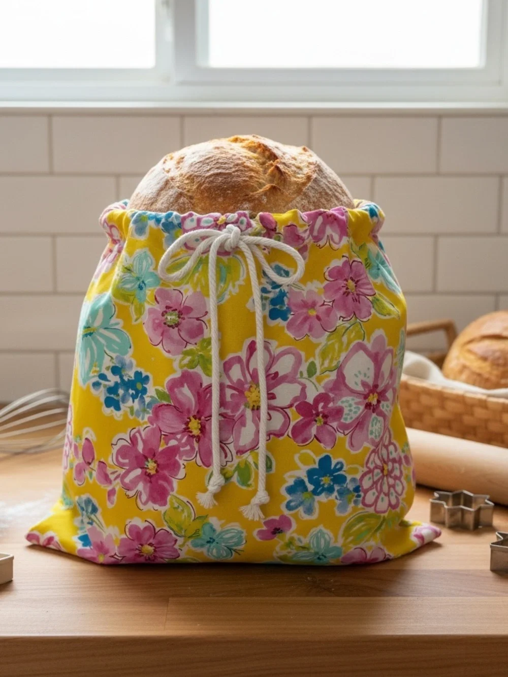 Floral Yellow Flower Bread Bag, Organic Reusable Cotton Sourdough Bread Bag